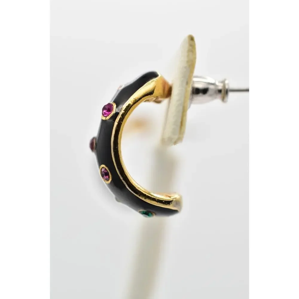 Vintage Dangle Crystal Hoop Earrings Black Enamel Multi-Color NOS 1980s 9L